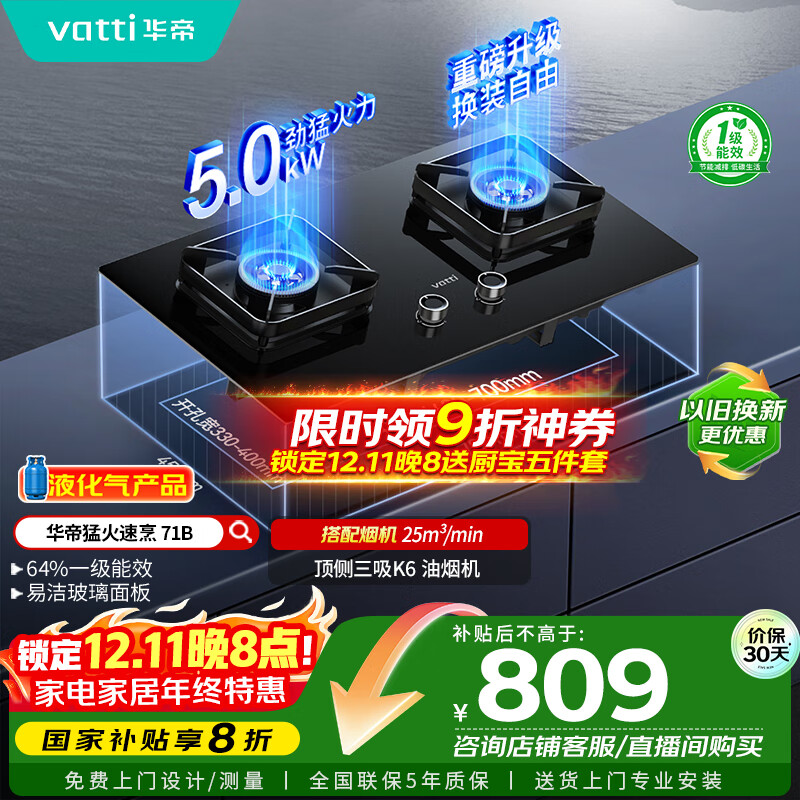 华帝（VATTI）国家补贴20%燃气灶煤气灶台式嵌入式5.0kW猛火熄火保护一级能效双灶台灶具i10071B【液化气商品