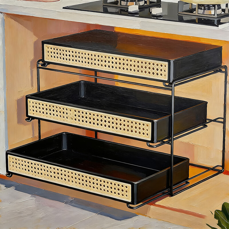 尔思家厨房置物架橱柜抽拉式储物架双层下水槽超深拉篮收纳神器分层架子 黑色-双层中号