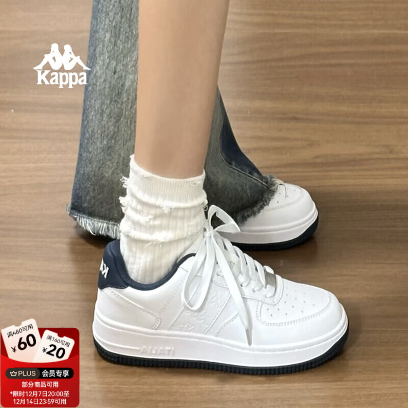 Kappa卡帕女鞋小白鞋子女秋冬厚底轻便板鞋新款情侣鞋百搭休闲运动鞋 经典白/海昌蓝 37