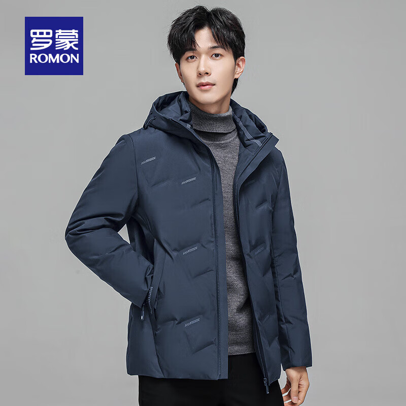 罗蒙（ROMON）羽绒服男冬季时尚休闲短款连帽外套中青年男士保暖上衣 22777藏青 XL (180) 【建议130-145】