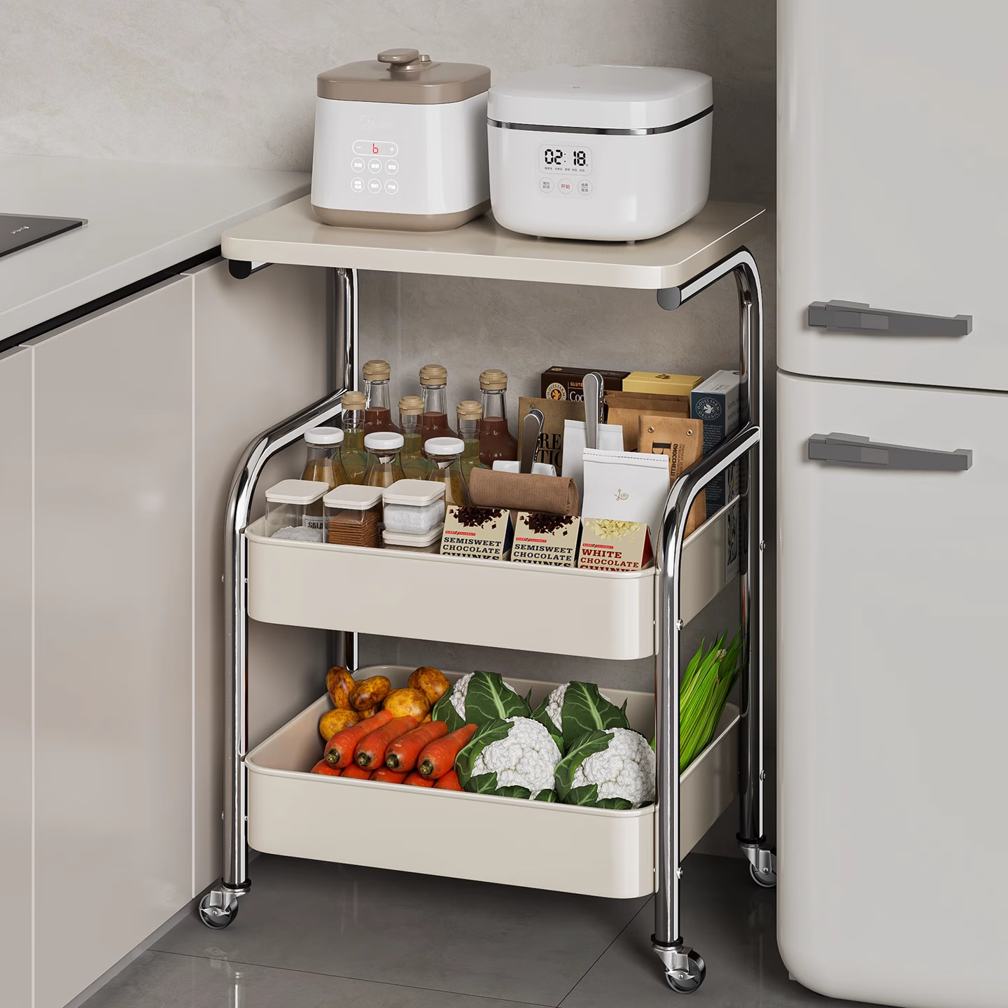 衣炫厨房小推车置物架移动多功能落地放果蔬菜篮子家用多层收纳整理架 电镀银-白板-三层