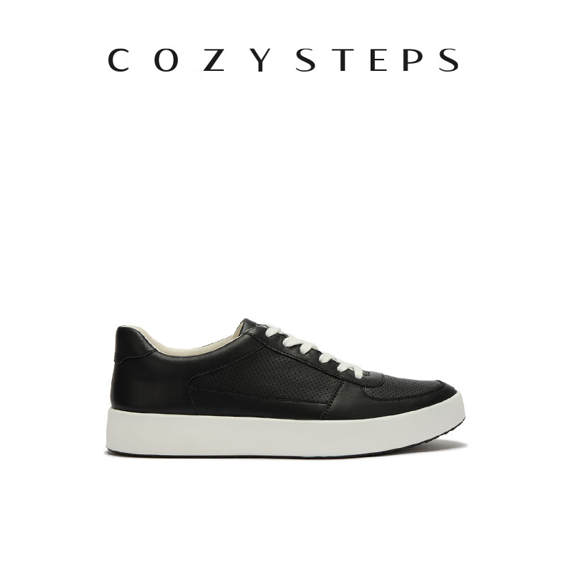 COZY STEPS可至男士26春夏新款头层牛皮冲孔板鞋透气轻盈系带简约休闲鞋 黑色 44