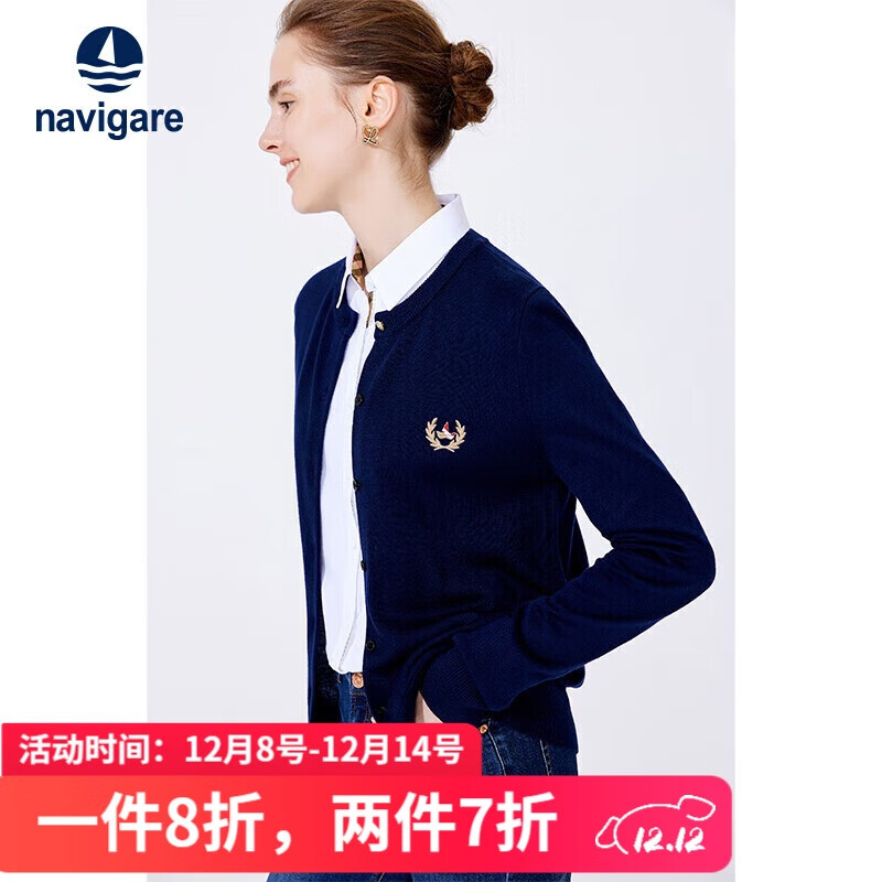 纳维凯尔意大利小帆船女针织衫春秋圆领小开衫毛衣外套2334092061 藏青 L