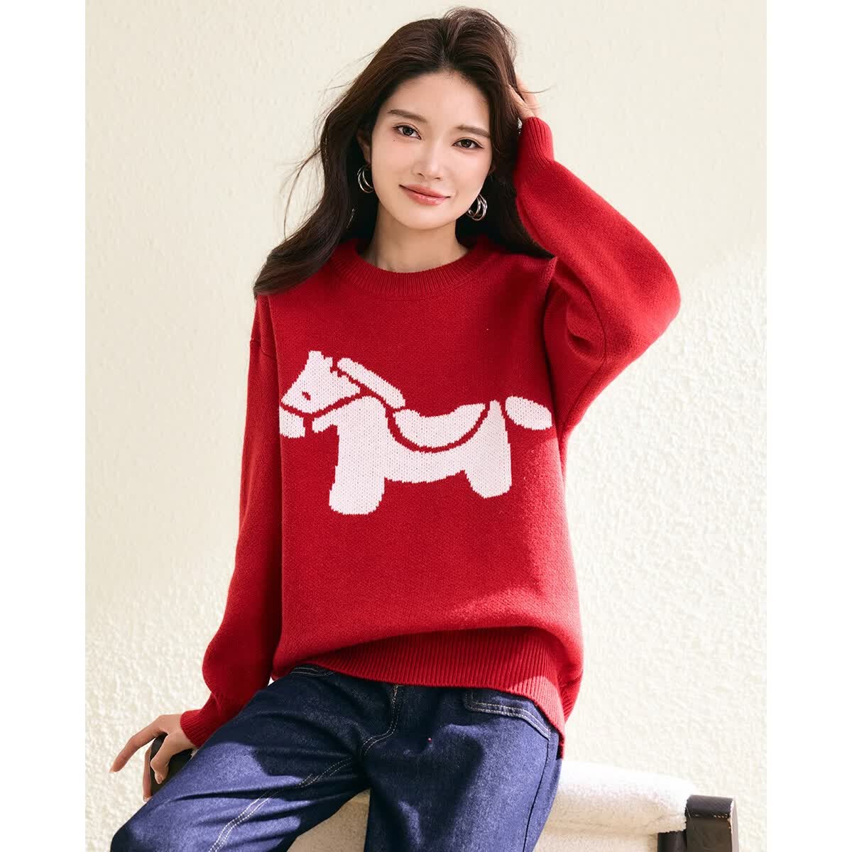 TERRE BLEUE新年红色马年毛衣女2025冬季圆领长袖保暖针织衫女宽松显瘦打底衫