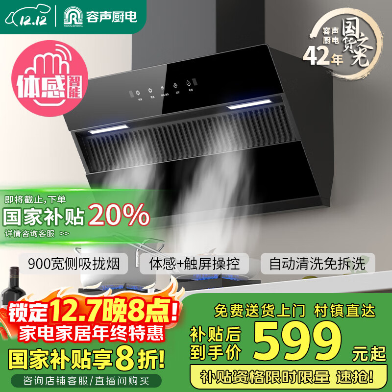 容声油烟机家用抽油烟机22立方大吸力侧吸式吸油烟机静音一级能效国家补贴以旧换新CXW-288-Q9