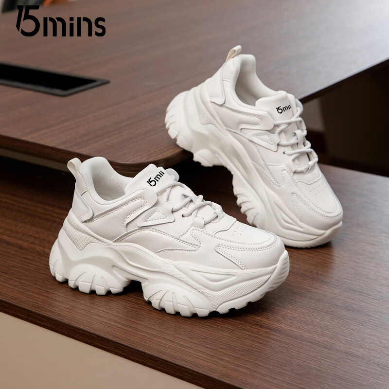 15MINS厚底老爹鞋2025新款小个子增高运动休闲鞋百搭潮流高颜值女单鞋 米色 37