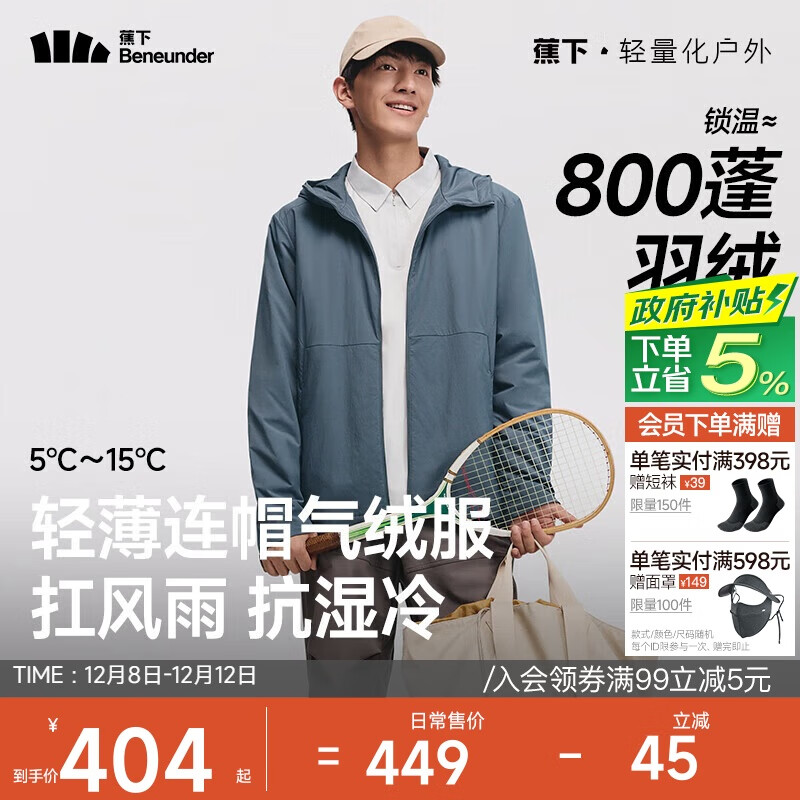蕉下（beneunder）气绒服男士秋冬季保暖连帽轻薄夹克外套户外CL233岩石灰M