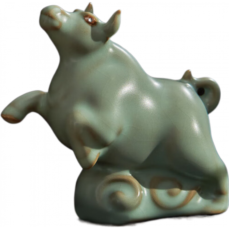 東道汝窯茶具套裝小型茶寵擺件精品可養(yǎng) 牛轉(zhuǎn)乾坤茶寵 天青 東道汝窯牛轉(zhuǎn)干坤茶寵(天青)