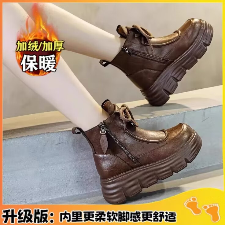 冬季2025年新款英伦风厚底马丁靴女保暖时尚休闲百搭棕色短靴女鞋 棕色【加绒】 39