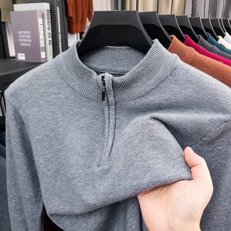 布卡澜琦男士秋冬新款长袖半拉链毛衣宽松休闲套头针织衫保暖加厚针织毛衣 MY007【中灰】 面料升级 XL /115/52（建议135-150斤）