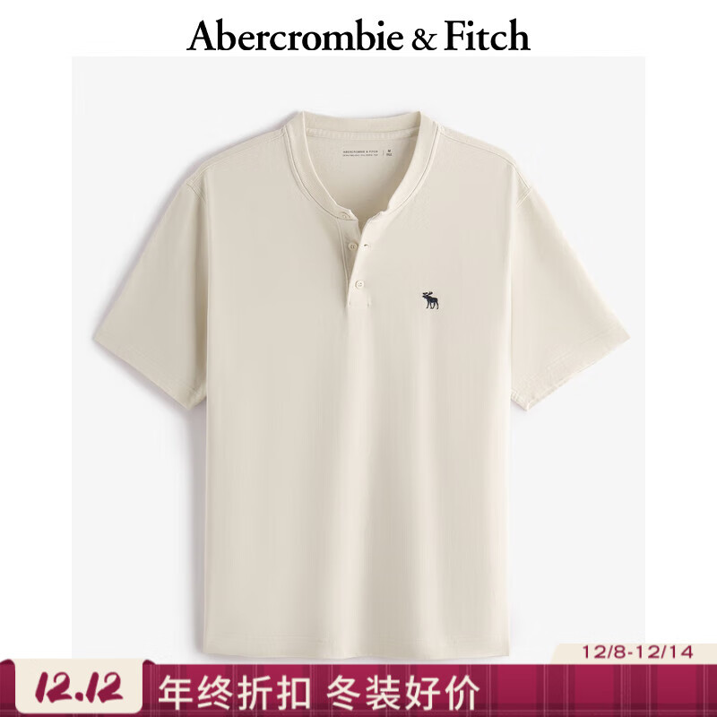 Abercrombie &amp; Fitch经典小麋鹿图案男装25夏季美式重磅宽松亨利领短袖T恤 奶油色 L (180/108A)尺码偏大