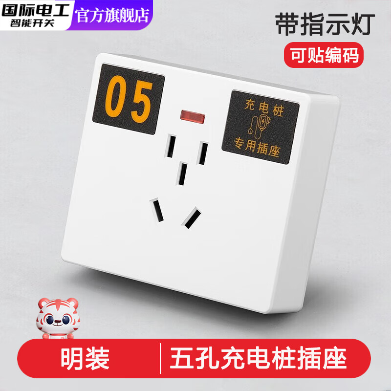 国际电工86型电动车共享充电桩电瓶车户外防水防雨专用充电插座明装五孔 【明装五孔带灯】可贴编号
