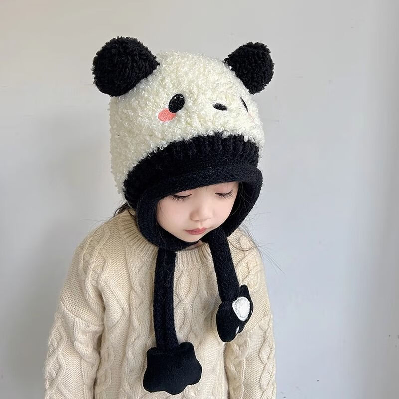 薩肯貓（SAKENMAO）兒童帽冬季寶寶毛線帽子女孩護耳帽女童男童加厚保暖可愛萌帽 毛絨護耳帽-黑白色熊貓 2歲-10歲/48-55cm