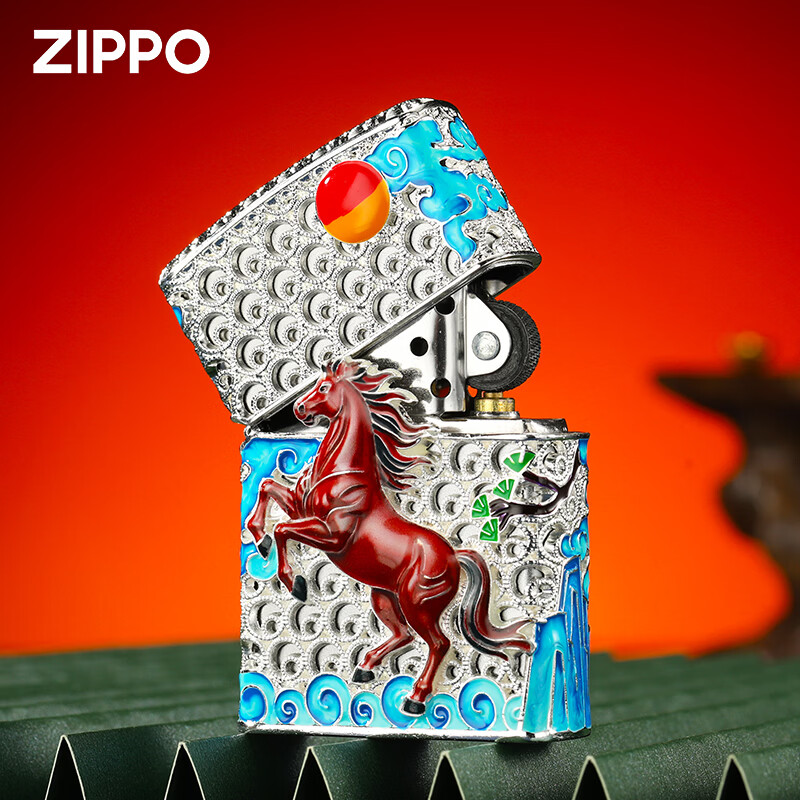 ZIPPO打火机官方正品煤油防风芝宝夜光鸿运珐琅生肖马情人节男士友礼物 重甲鸿运珐琅马金色【马年礼盒套装】