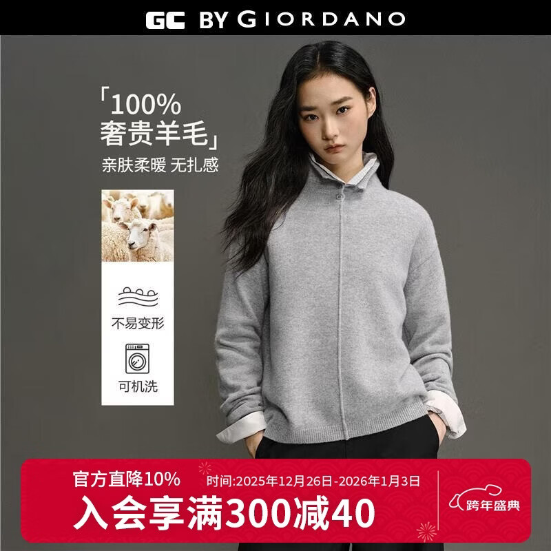 GIORDANO CONCEPTS 2025秋冬新款针织衫女静奢羊毛衫品牌刺绣宽松高领毛衣12355605 13中花灰 L