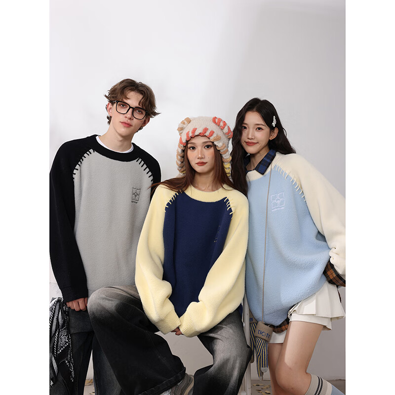 MANYSTON美式圆领套头毛衣男生款秋冬季潮牌情侣宽松青少年针织衫上衣 藏青色 2XL