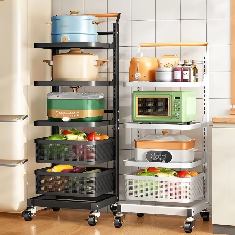 馨婺家厨房多功能置物架落地式家用蔬菜放锅架子多层移动电器锅具收纳架 黑色-3层3板【层高可调节】