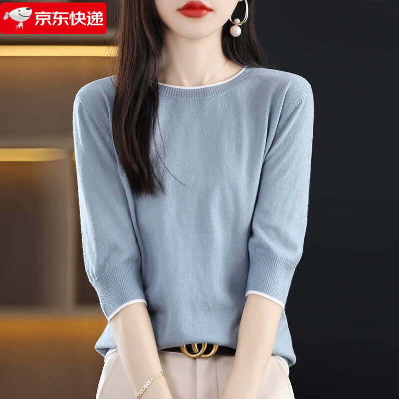 牧兰奴卡  新款圆领套t恤女精纺纯羊毛薄款白边五分袖针织衫打底衫 浅海藻 XXL