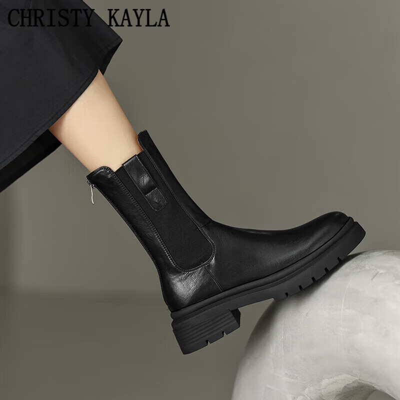 CHRISTY KAYLA英伦风圆头粗跟厚底短靴女冬季新款中筒切尔西靴复古松紧烟筒靴潮 黑色单层 34