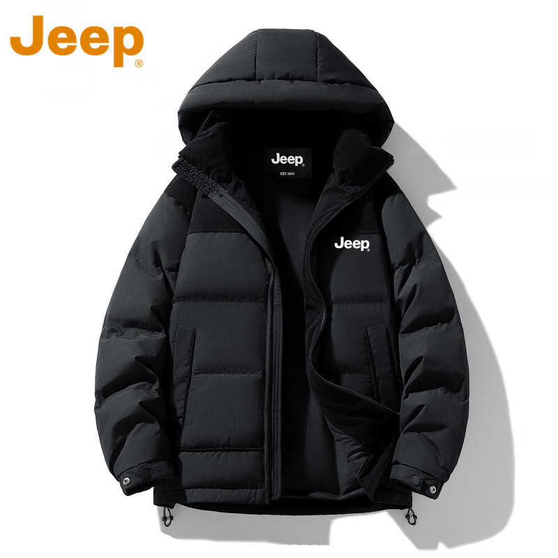 JEEP美式羽绒服男士冬季新款短款宽松拼接撞色连帽加厚保暖休闲外套男 黑色 【官方正品】 M