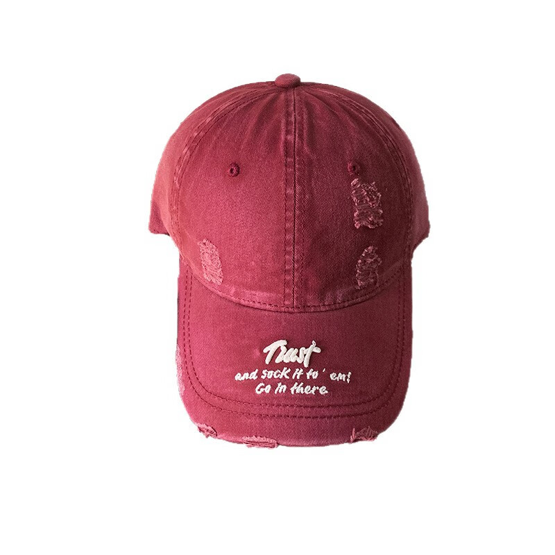 OEAI美式复古做旧蓝色棒球帽女早春百搭加大加深字母刺绣破洞鸭舌帽男 C5885破洞檐立绣TIUST棒球帽 粉色 M （56-58cm）