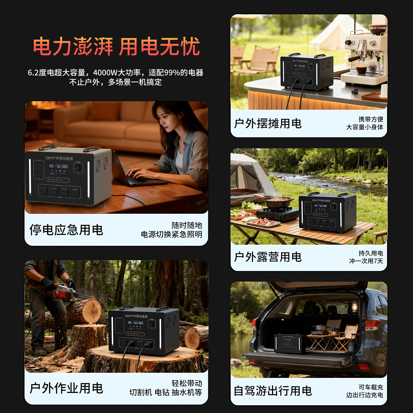 伴星辰220v户外移动电源【宁德时代电芯】车载应急电源小二摆摊停电自驾露营蓄电池 4000W 6200Wh 6.2度电【支持测试足容量】