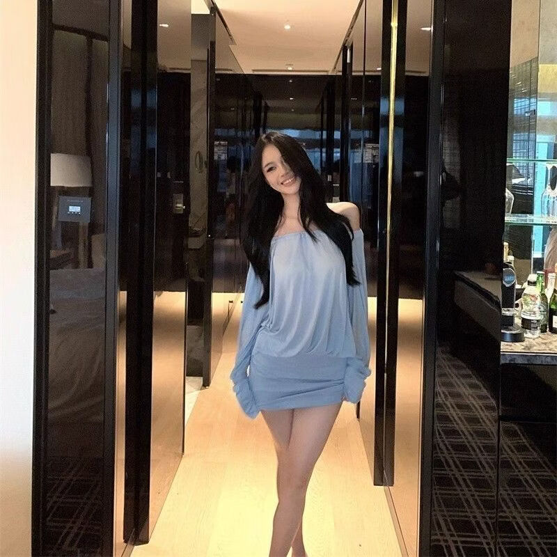 潮流韩版天丝连衣裙一字肩蝙蝠袖包臀裙简约通勤青春包臀短裙 蓝色(高品质) XL