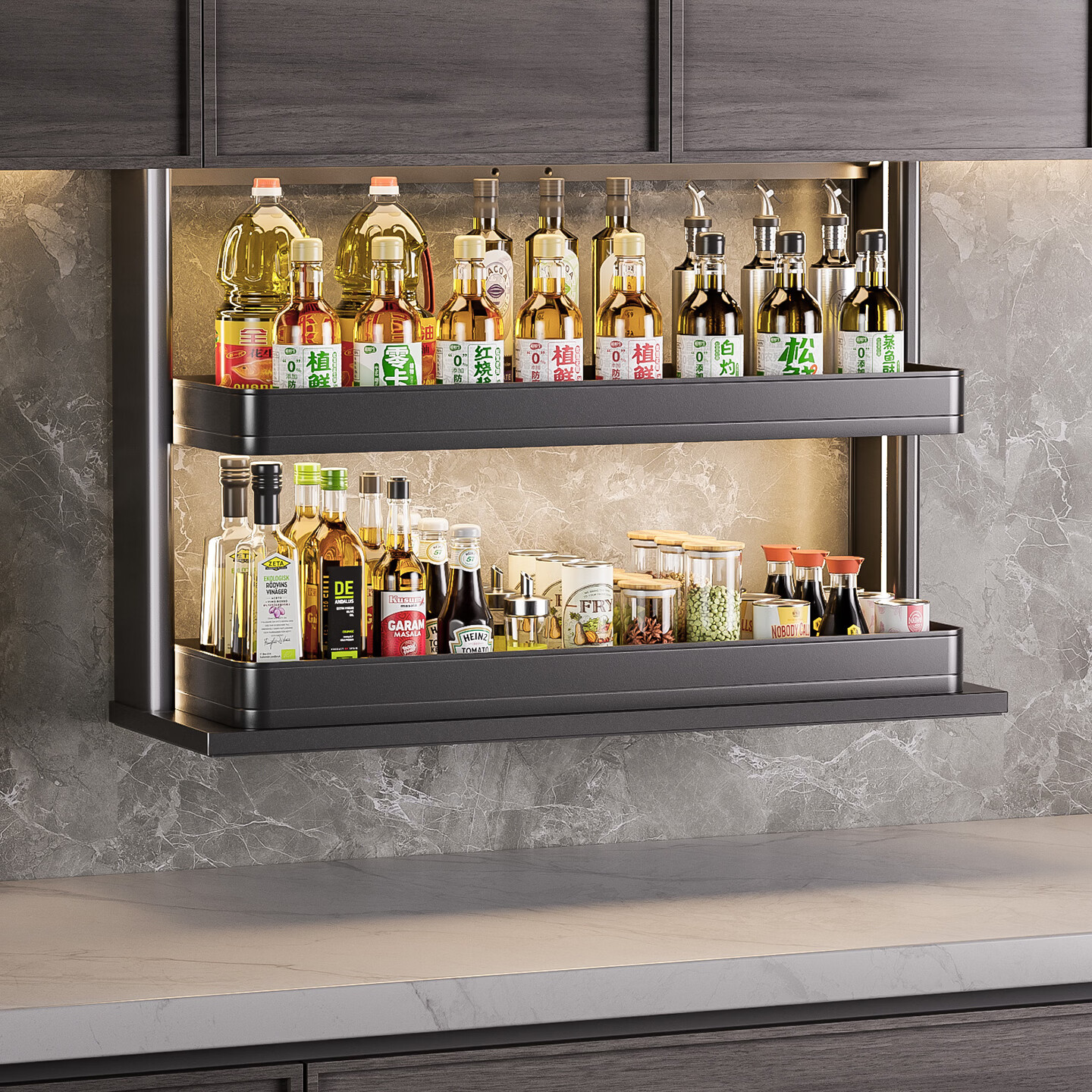 德米莫厨房吊柜垂直升降拉篮电动智能语音触摸控制自动调味拉篮柜 H款-350柜体-智能声控+按压+氛围灯+防夹手