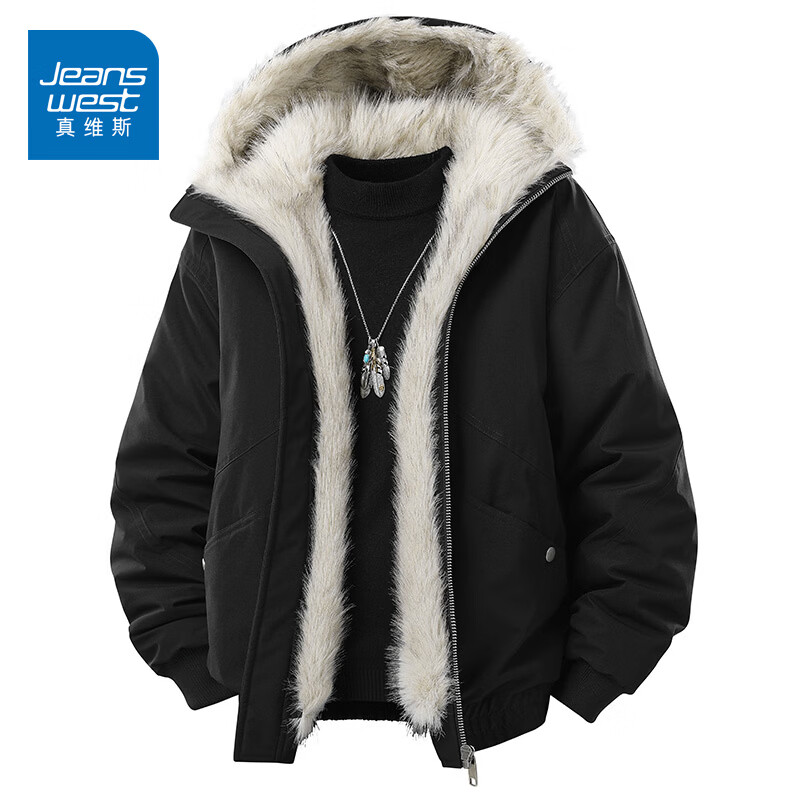 真维斯（Jeanswest）美式座山雕毛领棉衣男加厚连帽棉袄2026冬季保暖棉服外套 黑色 M
