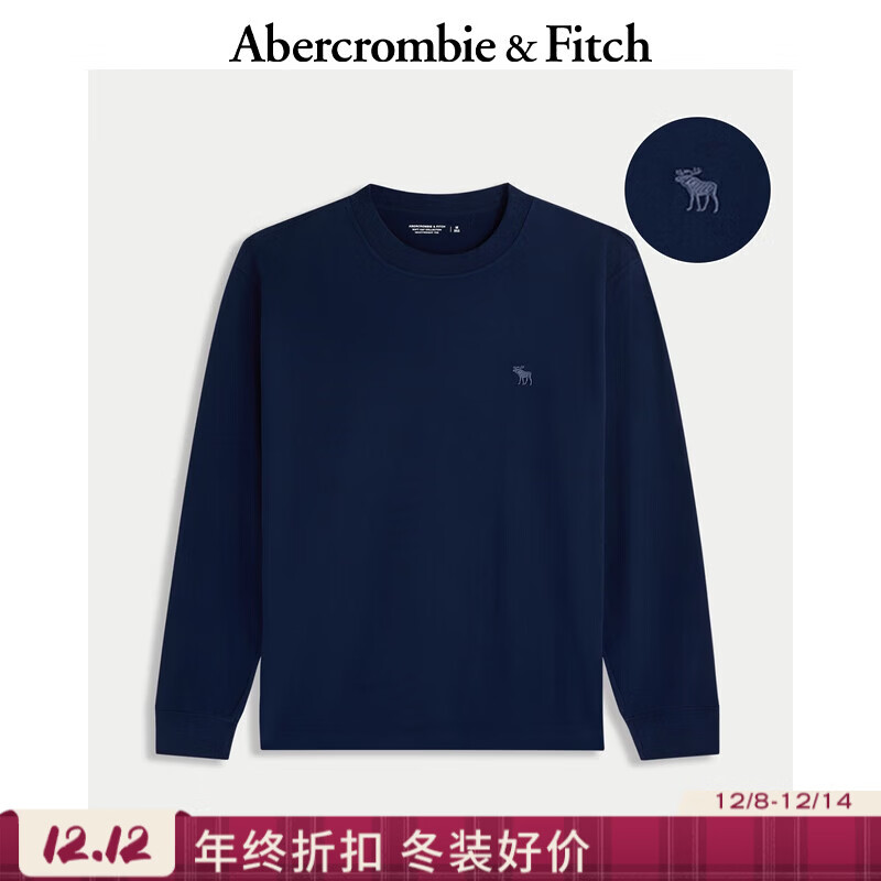 Abercrombie &amp; Fitch【棉质贴身】经典小麋鹿图案宽松圆领T恤25秋冬男装124-5565 海军蓝 S (175/92A) 尺码偏大，建议小一码