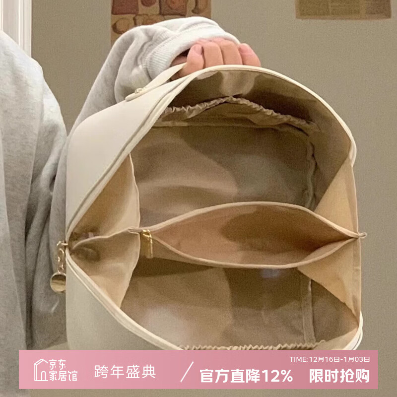 吱凡日本化妆包便携女大容量2025新款收纳包小洗漱包护肤品手提箱旅行 奶杏白-L【大容量 分区彩妆化妆品 透明笔刷袋】