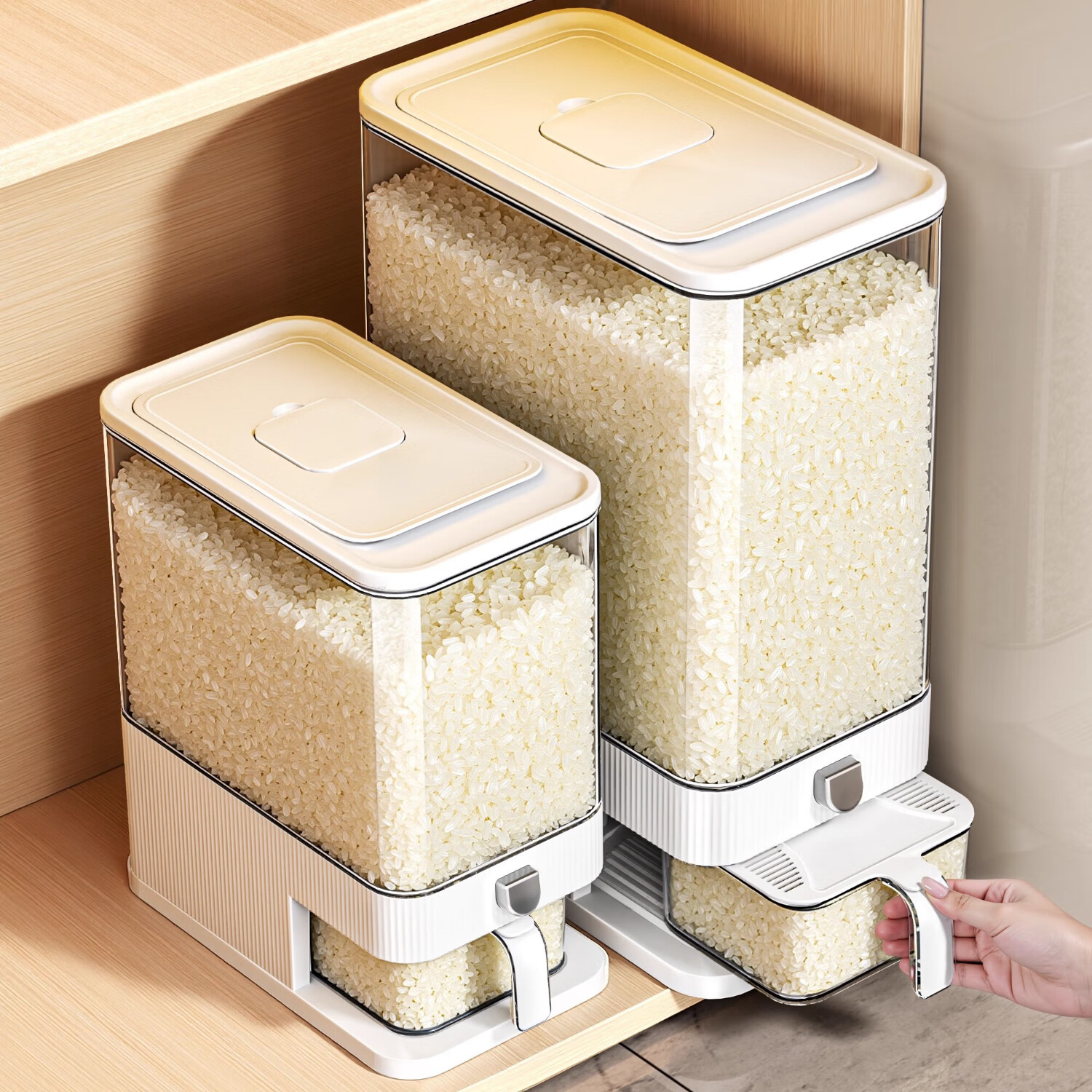 吱凡日本米桶家用防虫防潮食品级密封米缸储米装大米储米箱米粮收纳盒 奶白色-20斤【一键出米 窄缝适用】