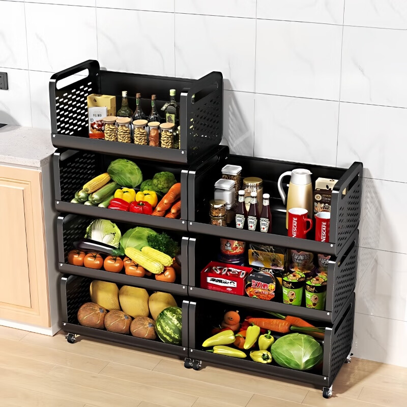 馨婺家厨房置物架落地蔬菜收纳筐多层零食果蔬小推车水果菜收纳架储物架 黑色-2层40cm【升级加厚】