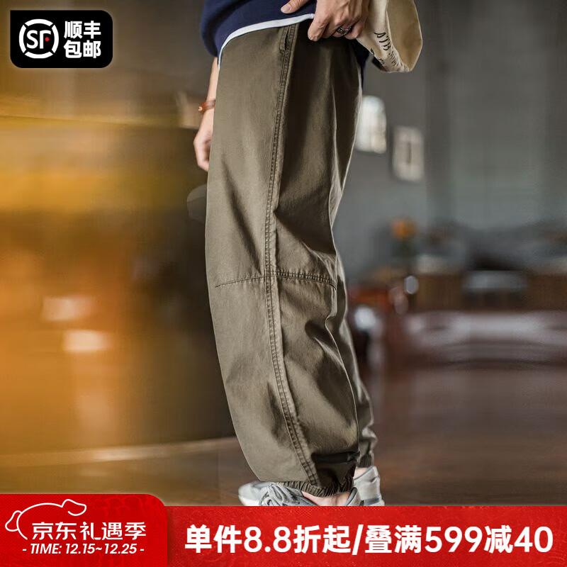 马登工装美式高街束脚裤男洗褪做旧廓形长裤子秋季新款男士直筒休闲裤 咖绿色 【裤子男款2025最新款】 L