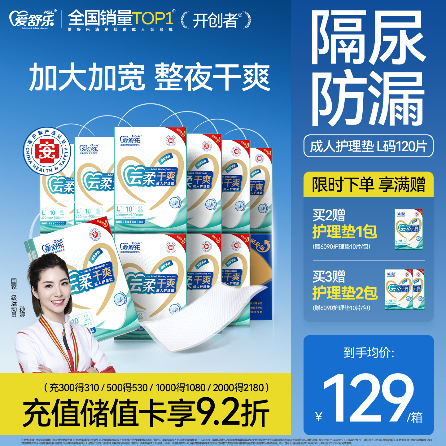 爱舒乐成人护理垫L120片(尺寸:60*90cm)云柔干爽老年人隔尿垫孕妇产褥垫