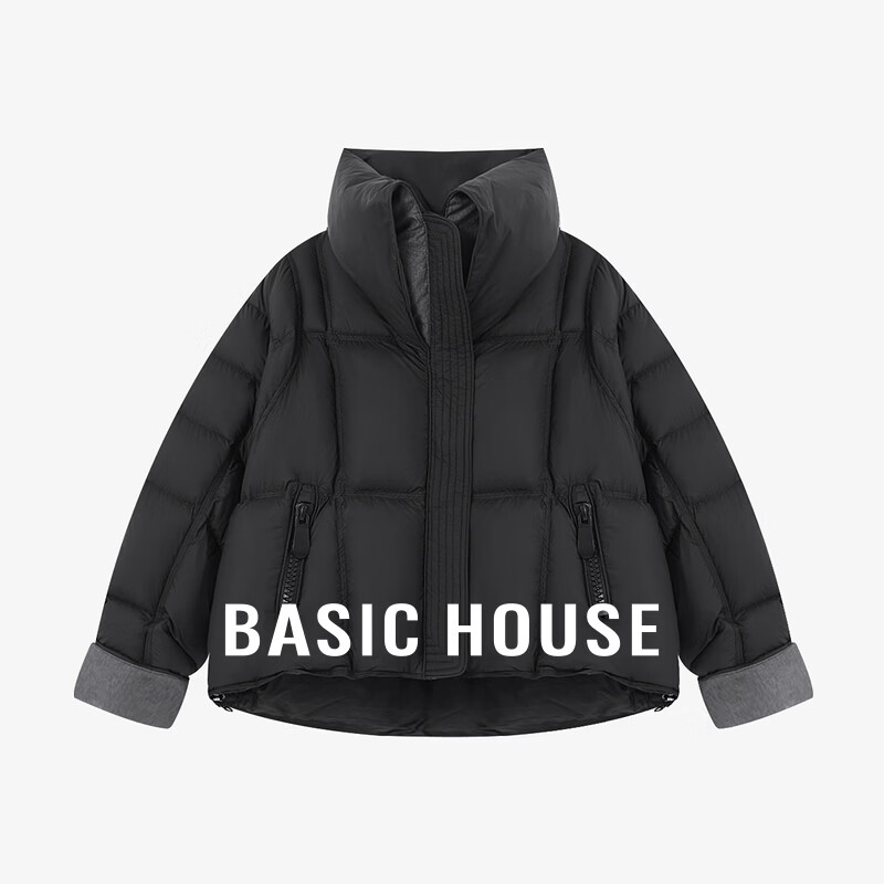 百家好（Basic House）Basic House/百家好90白鸭绒立领连帽短款羽绒服女冬时尚保暖外套 黑色 S