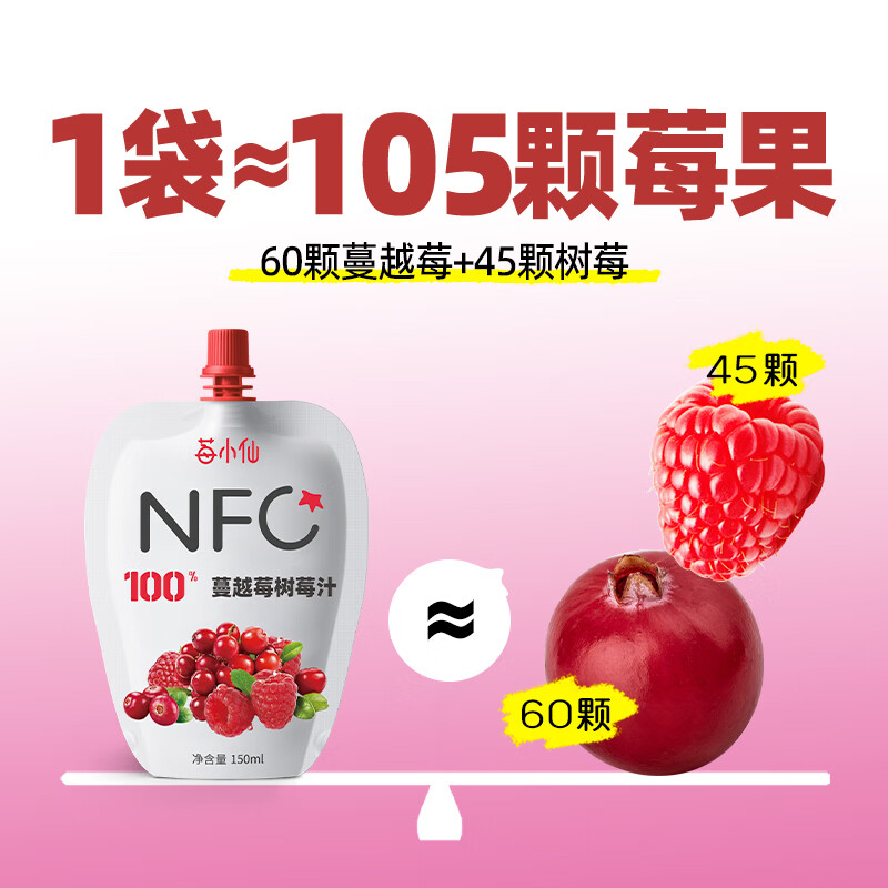 莓小仙NFC100%纯蔓越莓树莓汁 果汁饮料 0脂0添加蔗糖 整箱装150ml*10袋 2箱装(150ml*20袋)+送2袋