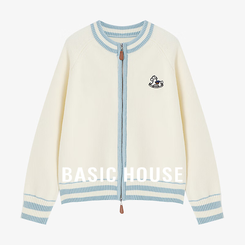 百家好（Basic House）Basic House/百家好小马提花撞色开衫毛衣女冬双拉链宽松休闲上衣 米白 L