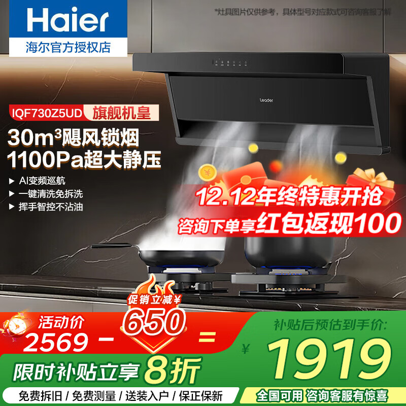 海尔新品 30m³变频油烟机家用大吸力7字型顶侧双吸燃气灶具套装自清洁Q61MAX二件套三件套Leader系列 【顶配旗舰单烟机】30m³变频1100Pa大吸力