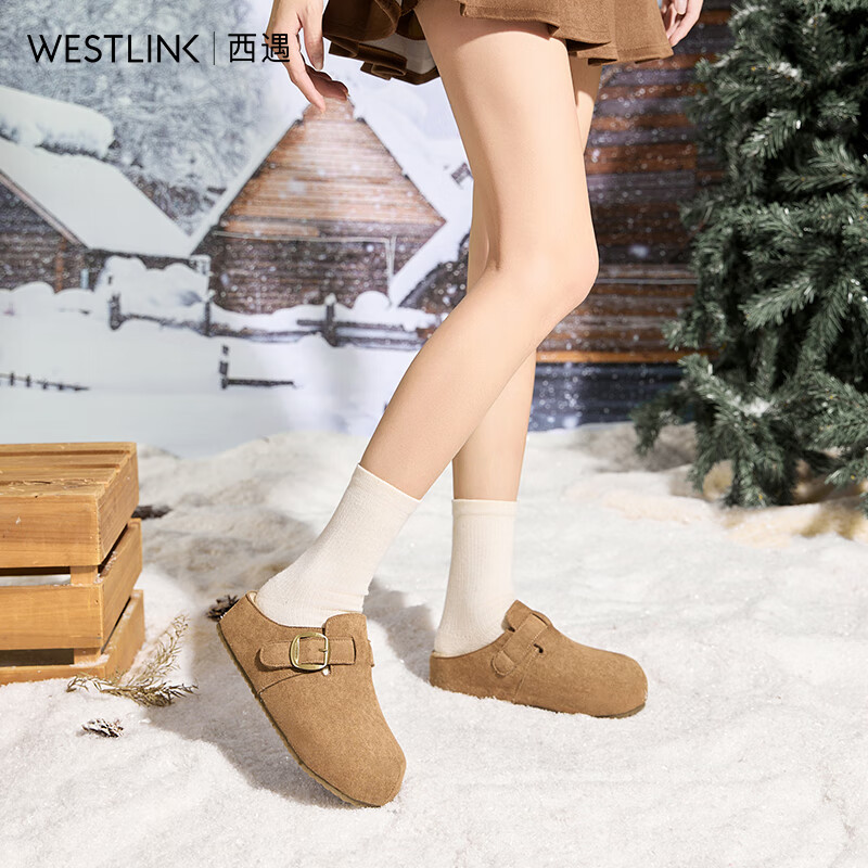 西遇（Westlink）厚底加绒勃肯鞋女冬季新款一脚蹬包头半拖鞋外穿毛毛棉拖 卡色 38 (240)