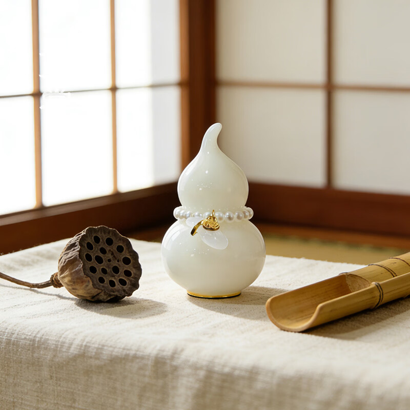 聚器堂璞玉茶道配件冰种玉瓷小葫芦紫砂壶盖置茶几桌面装饰品茶宠摆件 璞玉小葫芦