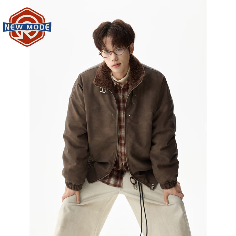 NEW OR MODE潮牌复古PU皮衣棉服男冬季新款加棉保暖宽松休闲百搭立领夹克外套 咖啡色 M 【建议90-110斤】