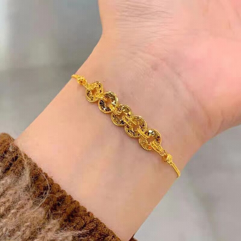 LIIA26新款情人节黄金色五帝钱项链女18K金碎碎冰进宝钱币手链送女友 金店五帝钱项链+手链