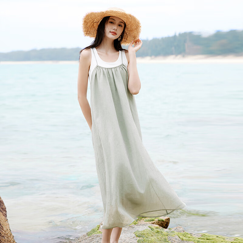 香影吊带连衣裙两件套女2025夏季新款背心宽松海边薄荷曼波绿裙子 薄荷绿 M
