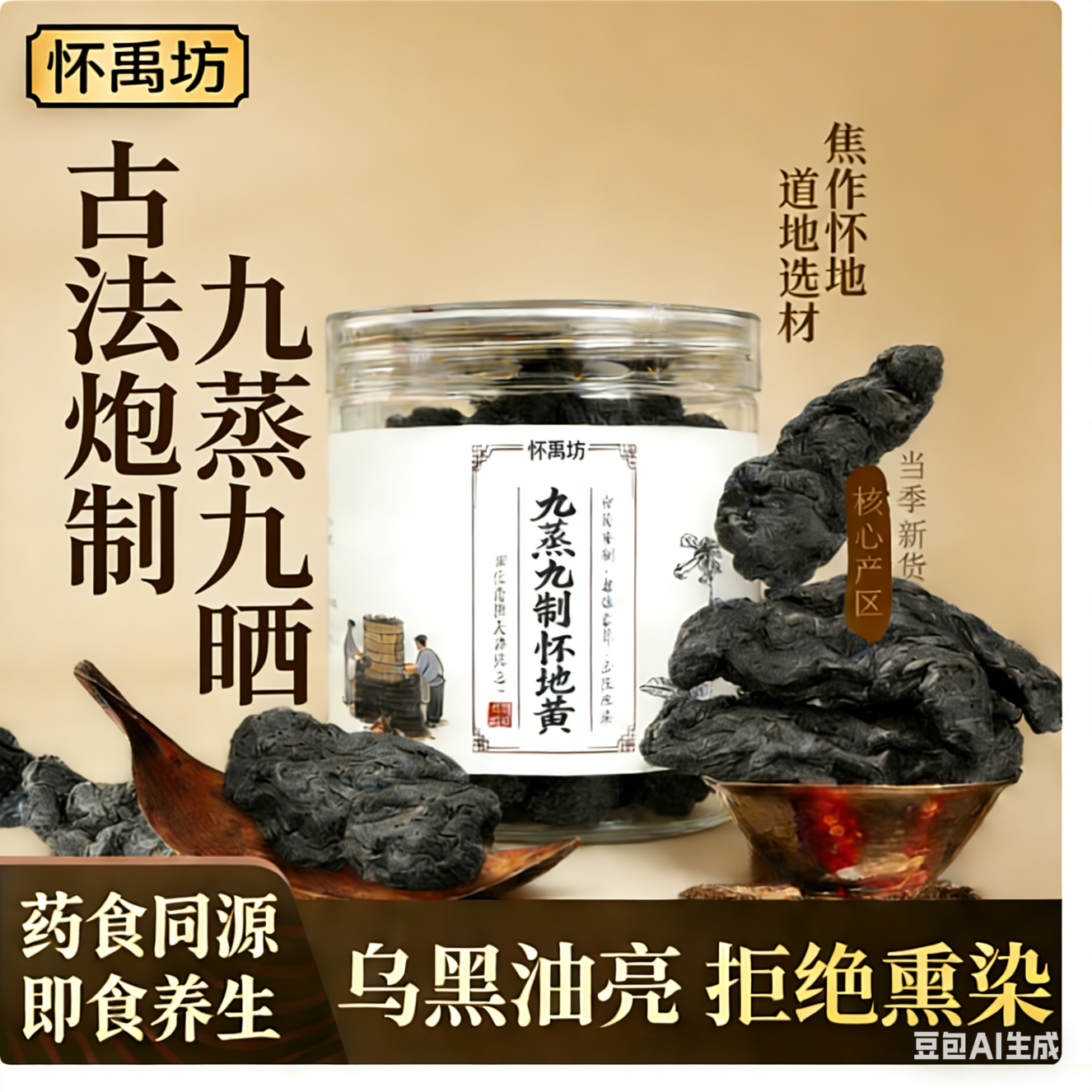 怀禹坊九蒸九晒熟地黄正宗焦作怀地黄 滋补养肾即食精品地黄可煲汤泡水 囤货装 100g*10罐 -九蒸九晒正宗怀地黄