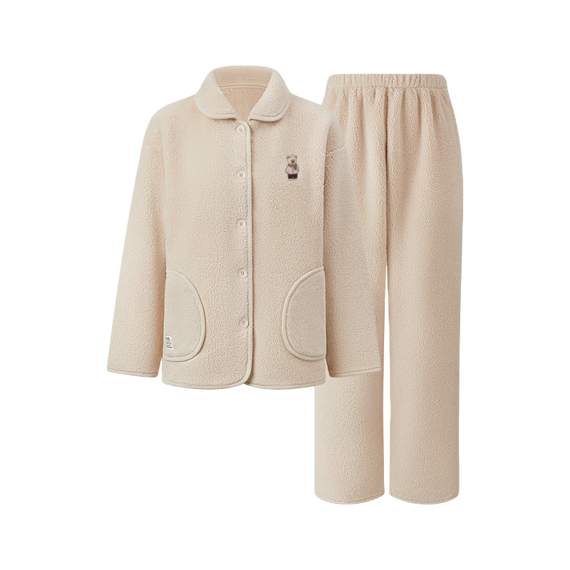 雪中飞睡衣女秋冬季珊瑚绒加厚保暖加绒家居服女士内衣休闲套装可外穿 XZFCY-翻领小熊-燕麦 【舒适柔顺，适合0-15°C】 L (160) 推荐【100-115斤】