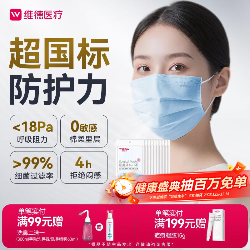 维德（WELLDAY）一次性医用外科口罩透气防沙尘保暖防鼻炎过敏灭菌级蓝色100只
