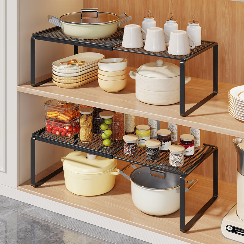 尔思家厨房置物架可伸缩橱柜内置分层架多功能调料置物架桌面碗碟收纳架 黑色-长27-38CM 宽27CM 高22CM 单层