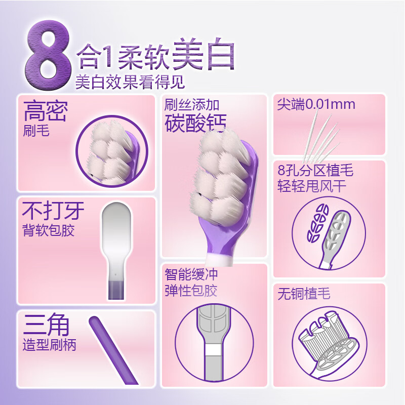 皓适舒4支装美白牙刷软毛成人无铜不掉毛7天去烟渍咖啡渍茶渍 软毛 4支 2粉+2紫