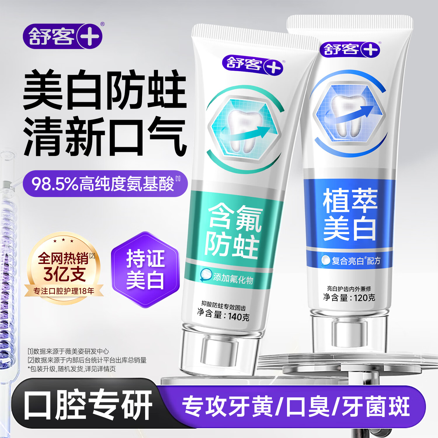 舒客氨基酸美白牙膏亮白含氟护龈清新口气家用官方旗舰店正品 【2支装】美白120g+防蛀140g